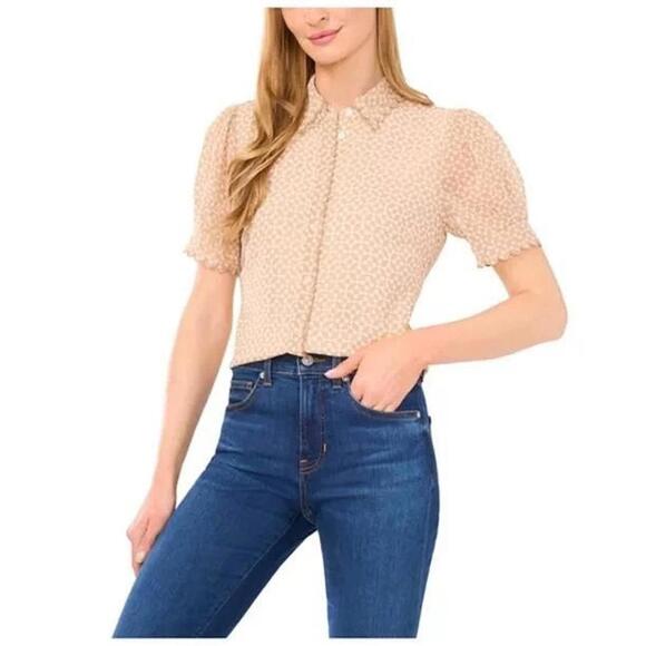 Cece Tops - Cece Scallop Edge Geo Print Blouse –Neutral Tan & Cream Puff Sleeve Top – Size S